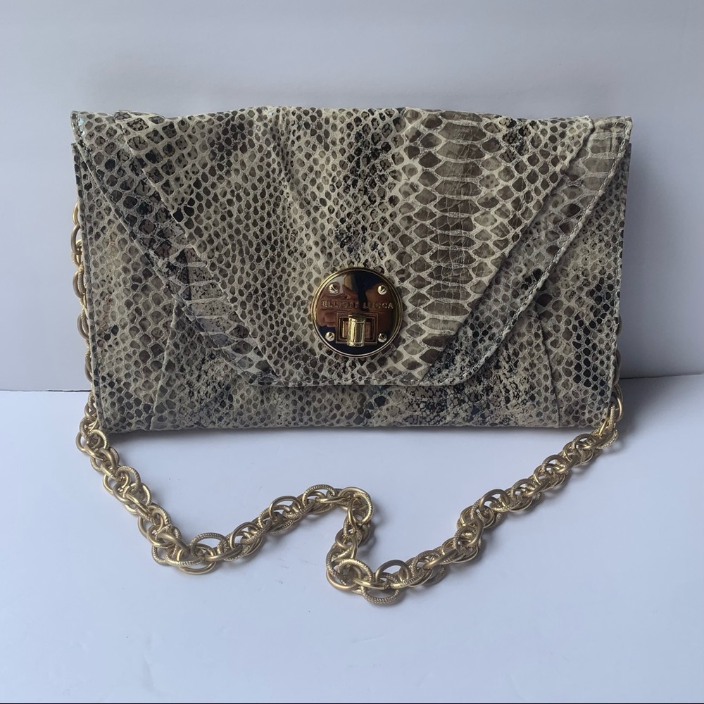 Elliott Lucca Black And Tan Envelope Snake-Print Shoulder Bag